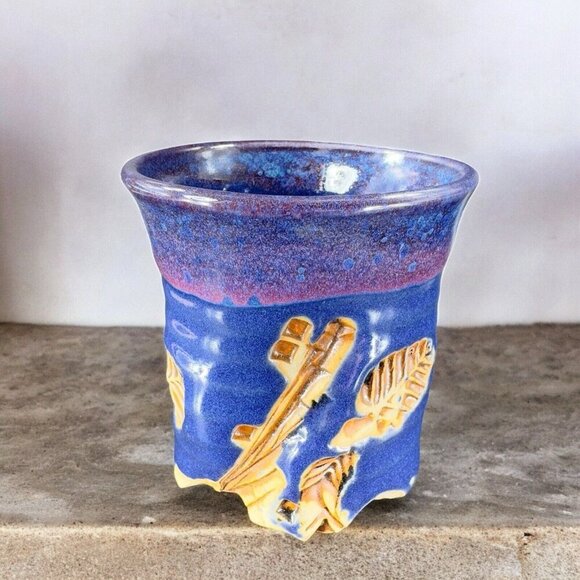 Hand Made Abstract Coffee Mug Cup Cobalt Blue Pottery Mug Artist Signed Bottom - Picture 3 of 16